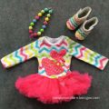 2016 rainbow chevron Easter dress bunny dress baby girls clothes fashion kids clothes with matching necklace and shoes set